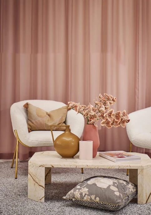 Seating area with curtains